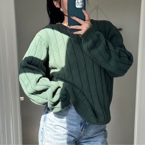 90s Vintage Forest Green Preppy Ribbed Cotton Knit V-Neck Sweater
